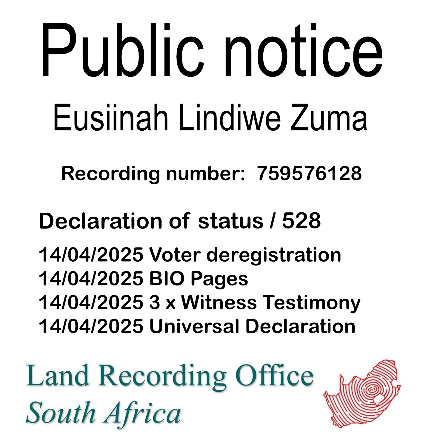 Public Notice Eusiinah Lindiwe Zuma (c) Recording number 759576128